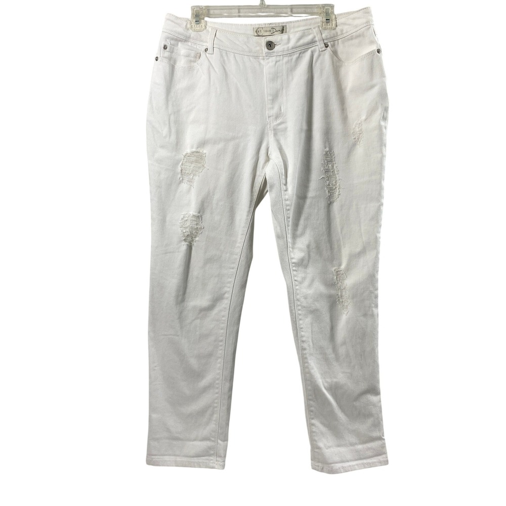 Est 1946 White Denim Jeans Womens‎ Size 14 Distressed Destroyed Straight Stretch